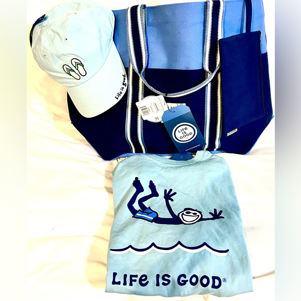 NEW…LIFE IS GOOD brand 4 PIECE SET Shirt, Hat, Tote and small bag.